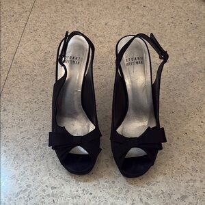 Stuart Weitzman Black Slingback open toe satin with bow Heels